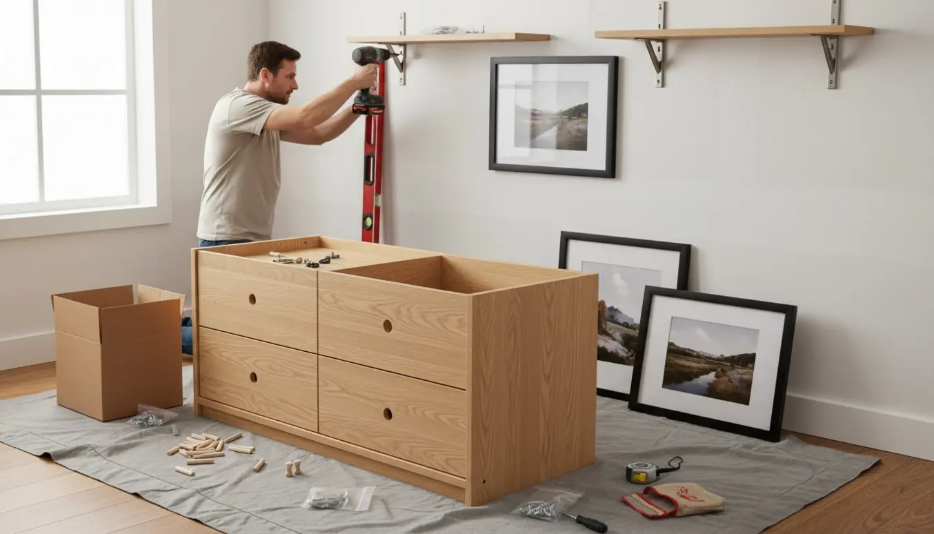 Nærbillede af hænder, der samler en kommode og hænger billeder og en hylde på en gipsvæg med værktøj og materialer omkring.