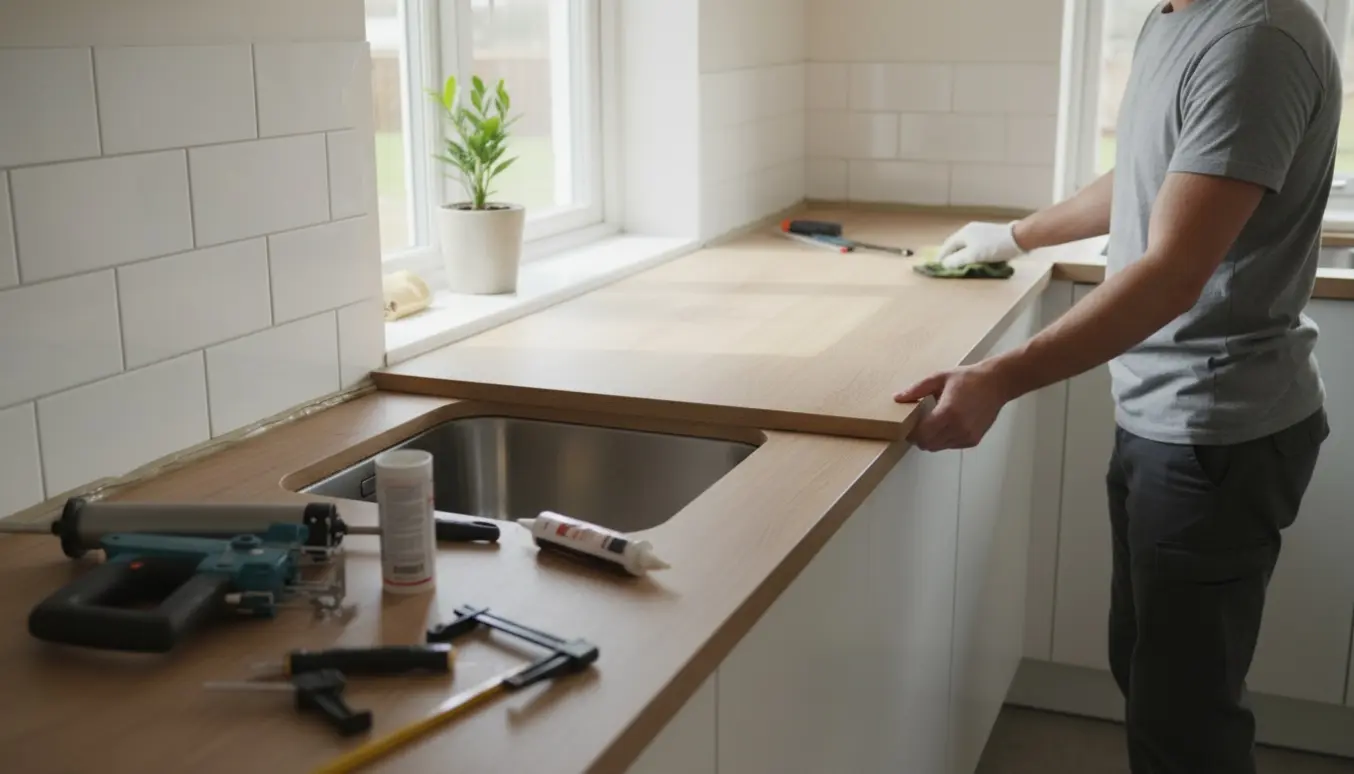 Montage af ny laminatbordplade i køkken med udskæring til vask og hånd, der fuge omkring vasken.