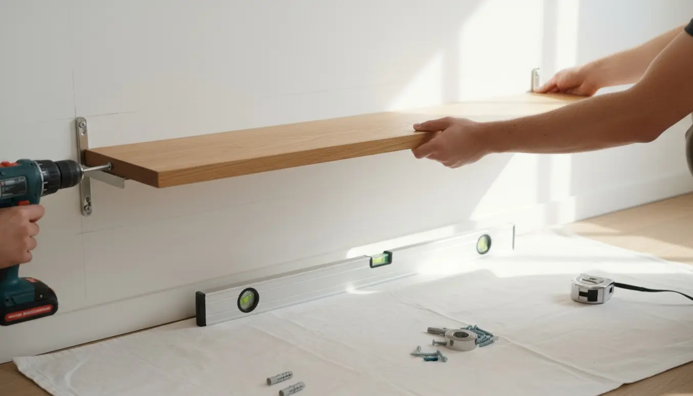Hænder monterer en træhylde på en hvid væg med bor, vaterpas og skruer.