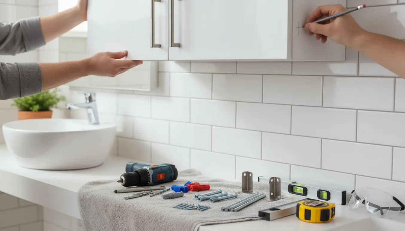 Hænder holder et toiletskab op mod en flisevæg med bor, ankre og monteringsbeslag klar til montering.