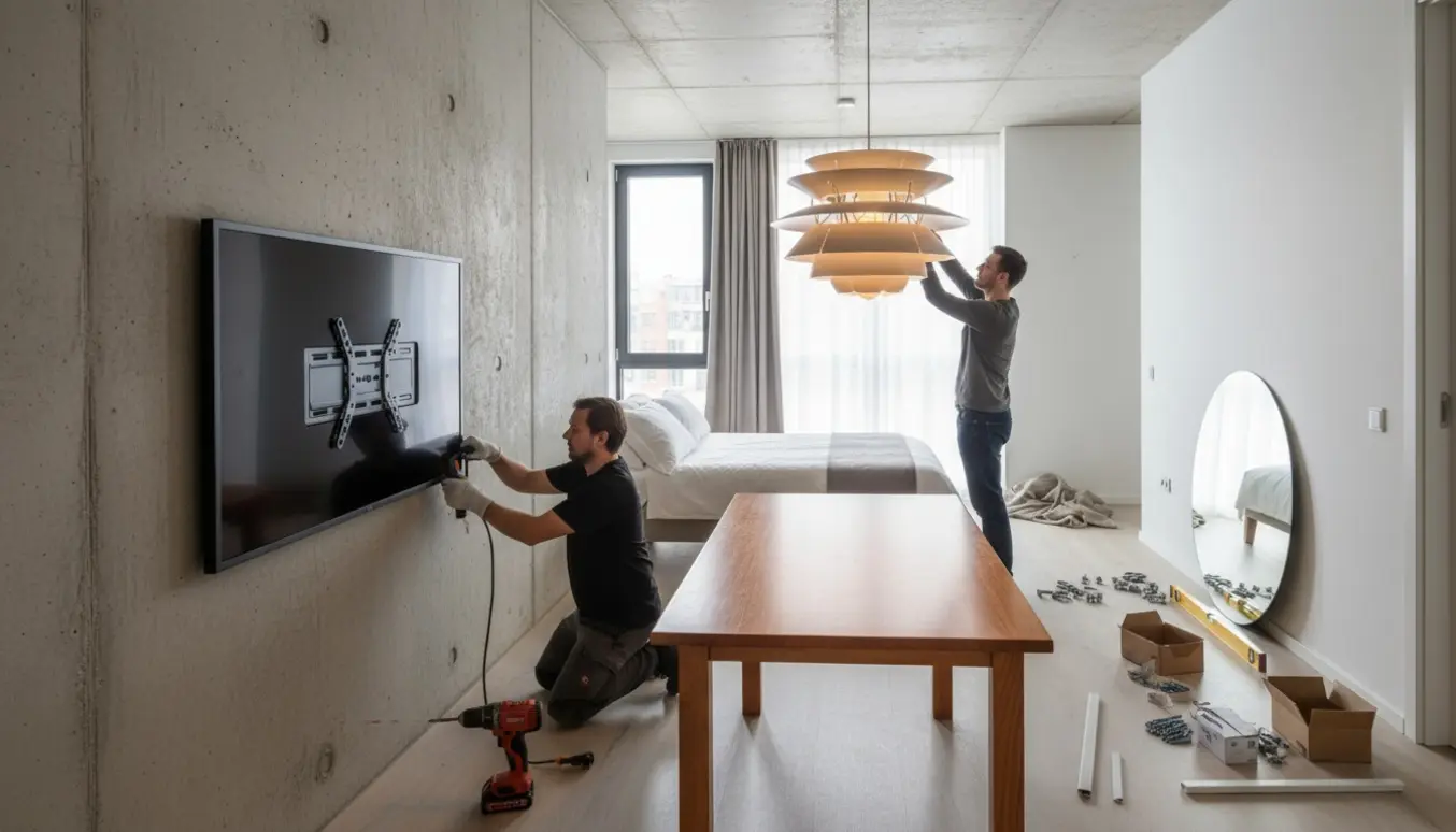Bredt billede af en lejlighed hvor et Frame-TV netop monteres på en betonvæg, en pendel hænger over spisebordet, gardiner er ved at blive sat op og et spejl står klar i gangen.