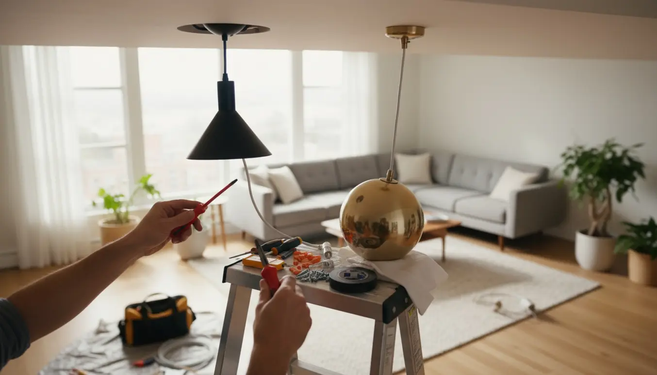To forskellige loftlamper bliver monteret fra en stige i en lys lejlighed, mens hænder tilslutter ledninger.