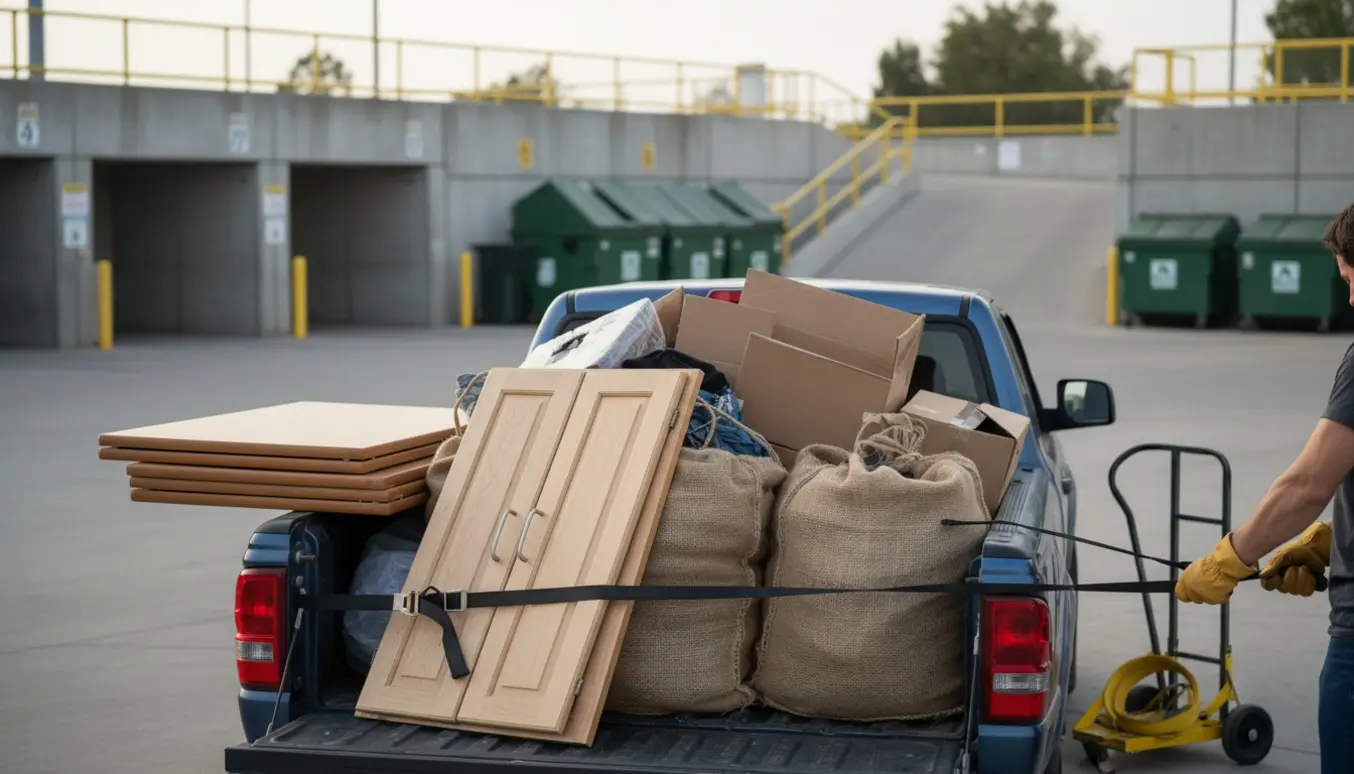Et lille læs med skabslåger, sække tøj og pap læsses på en losseplads.