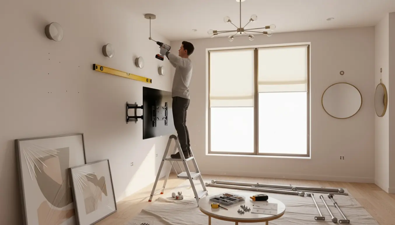 Person monterer lamper, billeder, persienner, gardinstænger, spejl og tv i en lys stue.