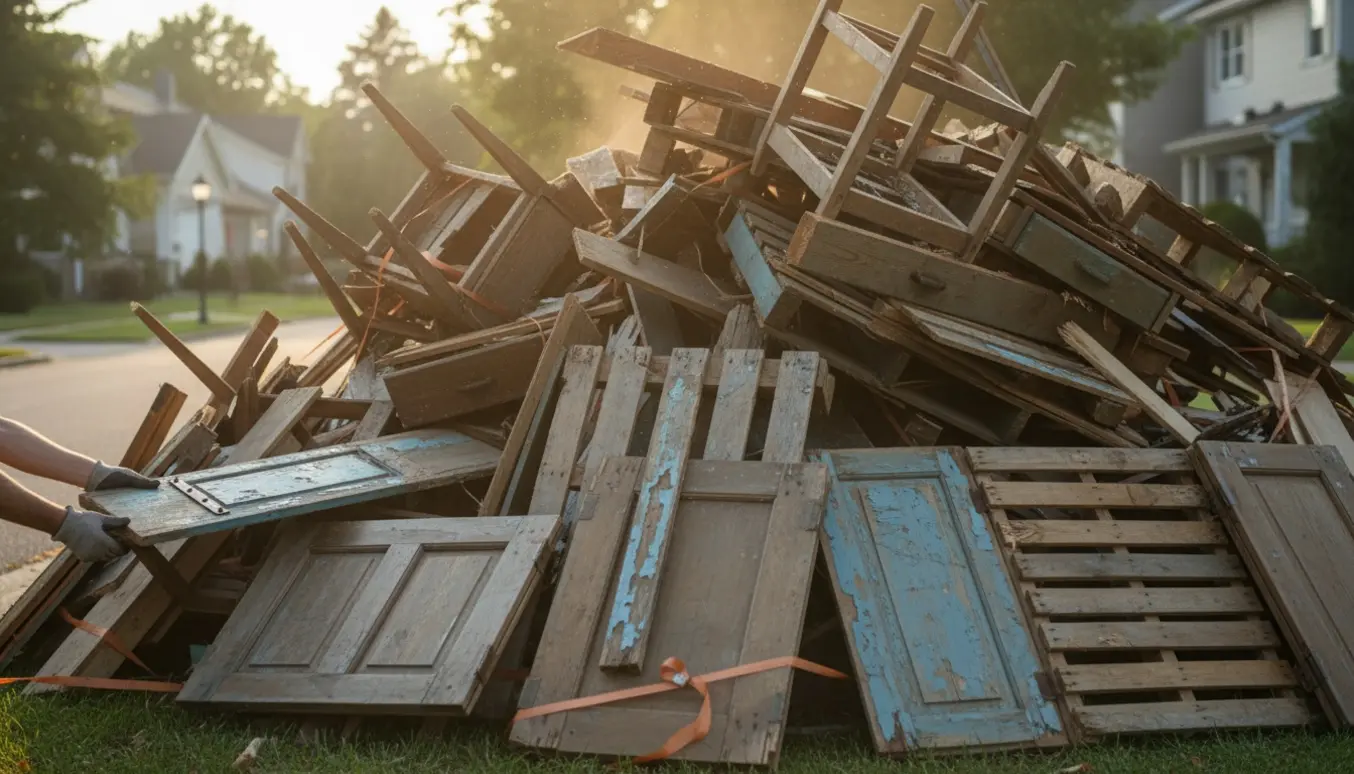Stor bunke storskrald med primært træ — gamle møbler, paller og planker samlet ved fortovet.