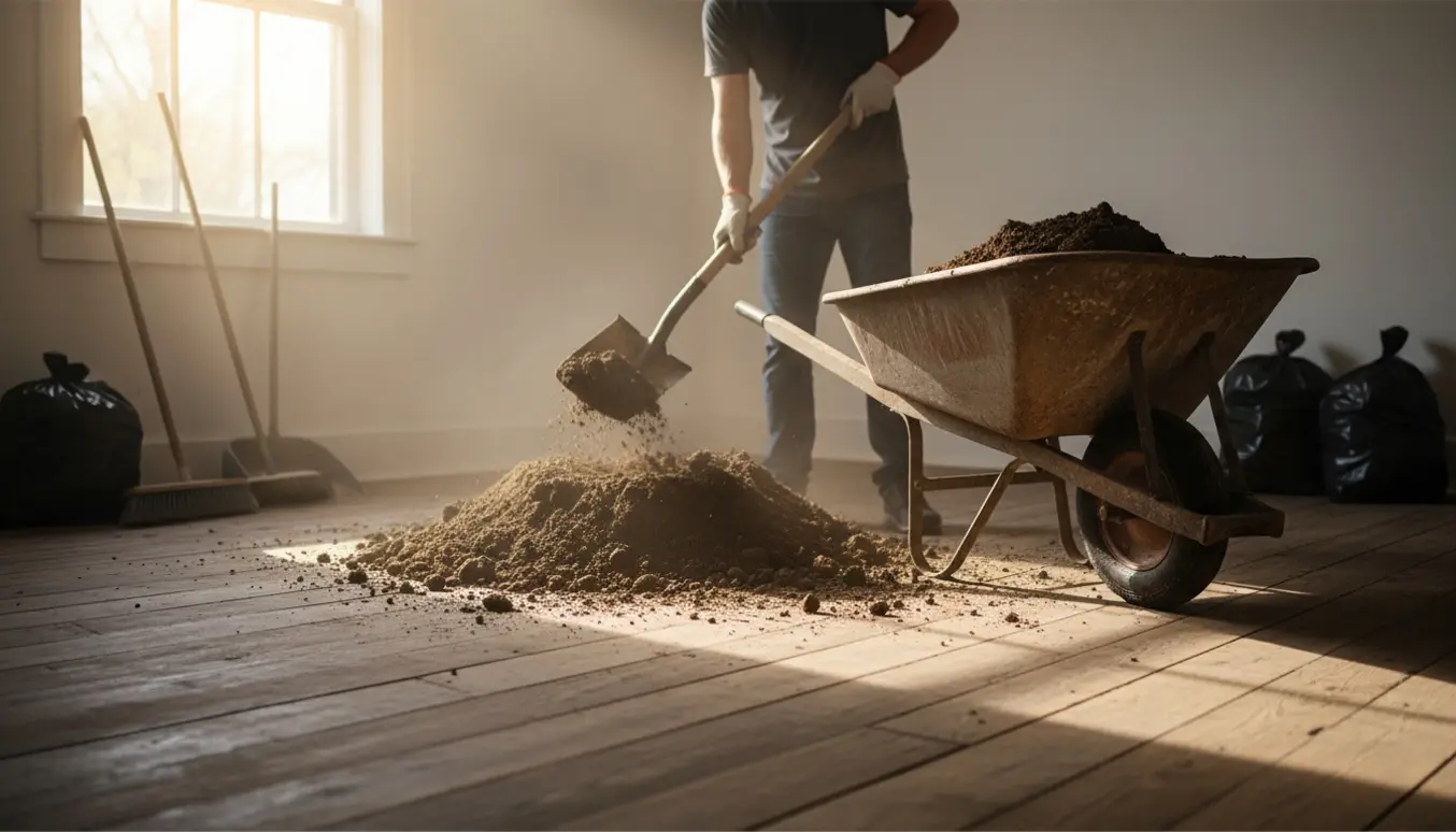 Hænder skovler jord i en trillebør i et lyst rum med delvist ryddet gulv.