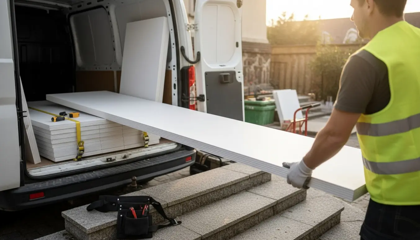 Håndværkere bærer en gipsplade fra en kassevogn op til 1. sal, ansigter skjult.