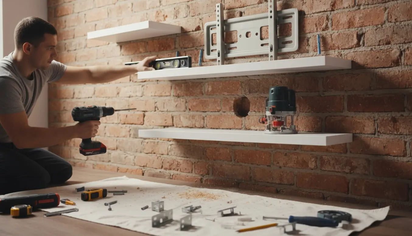 Håndværker monterer tre frithængende melaminhylder og et vægmonteret tv på en murstensvæg, med værktøj og kabelgennemføring.