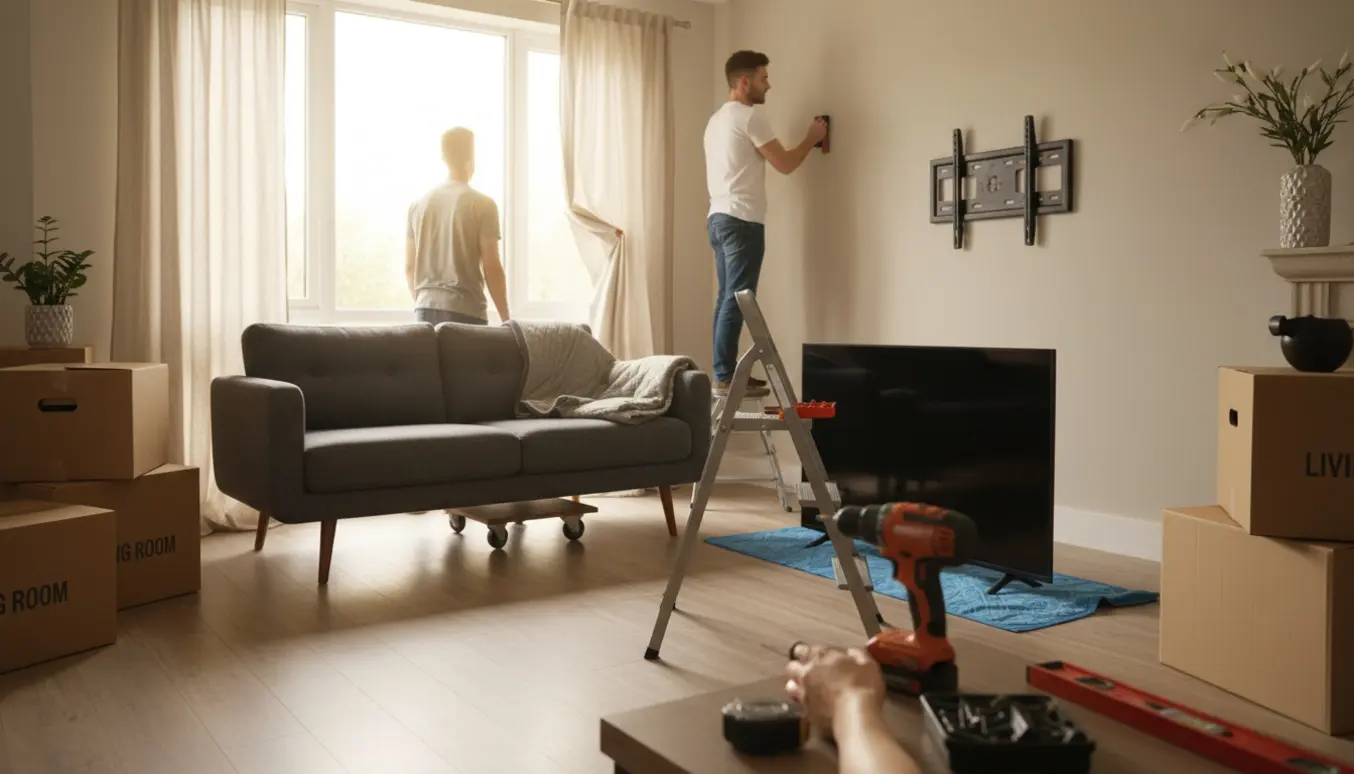 To personer sætter en sofa på plads, hænger gardiner op og monterer et tv i en nyindflyttet stue.