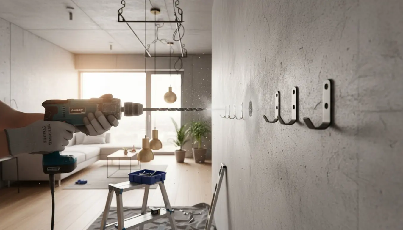 Hænder med handsker borer i en betonvæg for at montere gardinstænger og lamper.