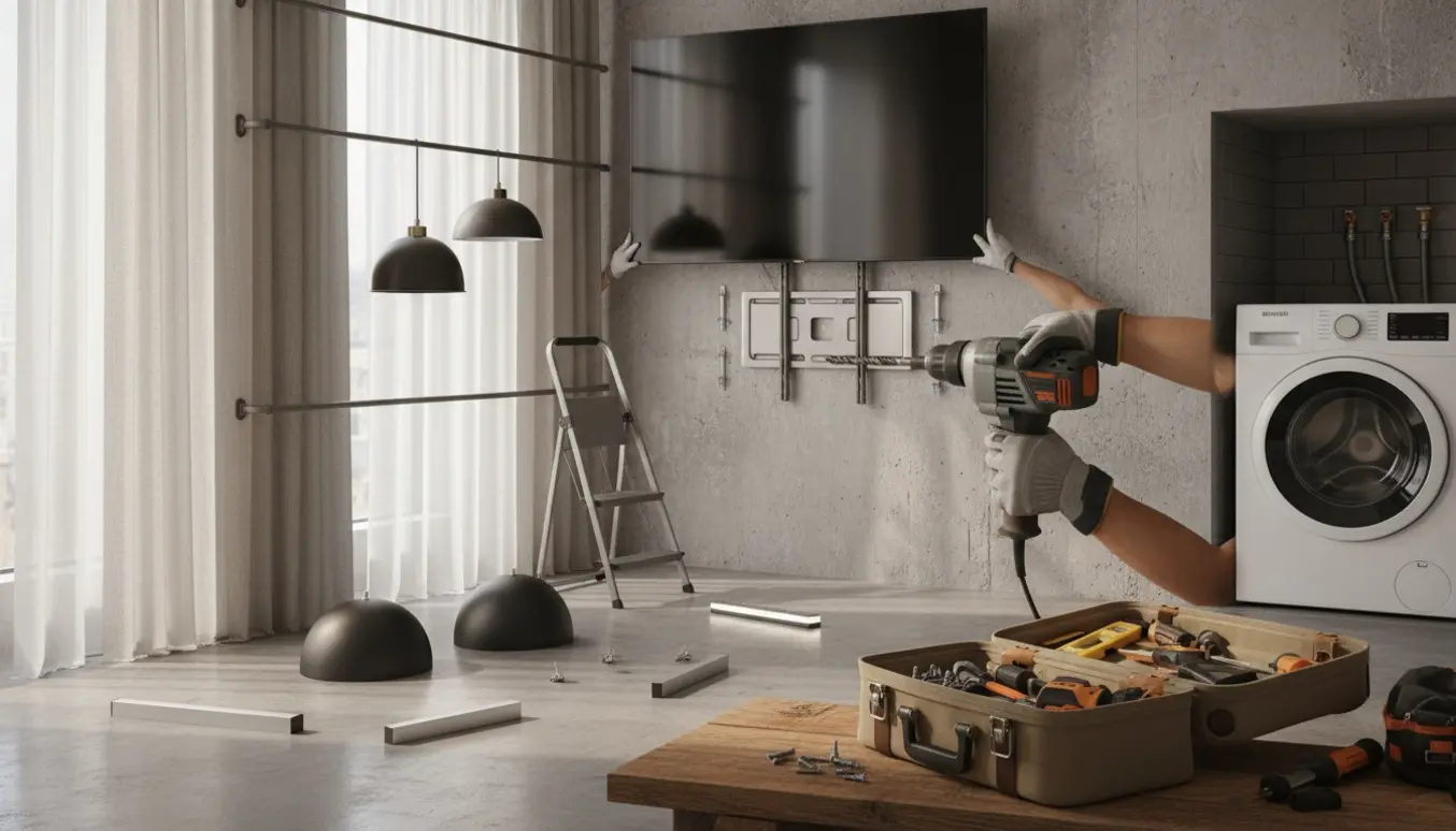 Hænder med boremaskine monterer beslag i en betonvæg til TV, gardiner og lamper, mens en vaskemaskine står klar.