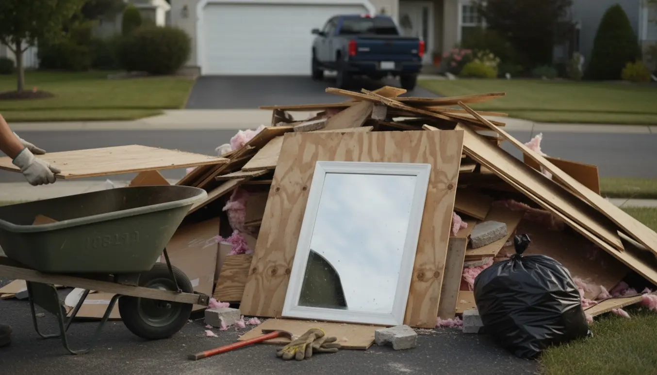 Byggeskrald forrest på indkørslen med træplader, smårester og et spejl klar til fjernelse.