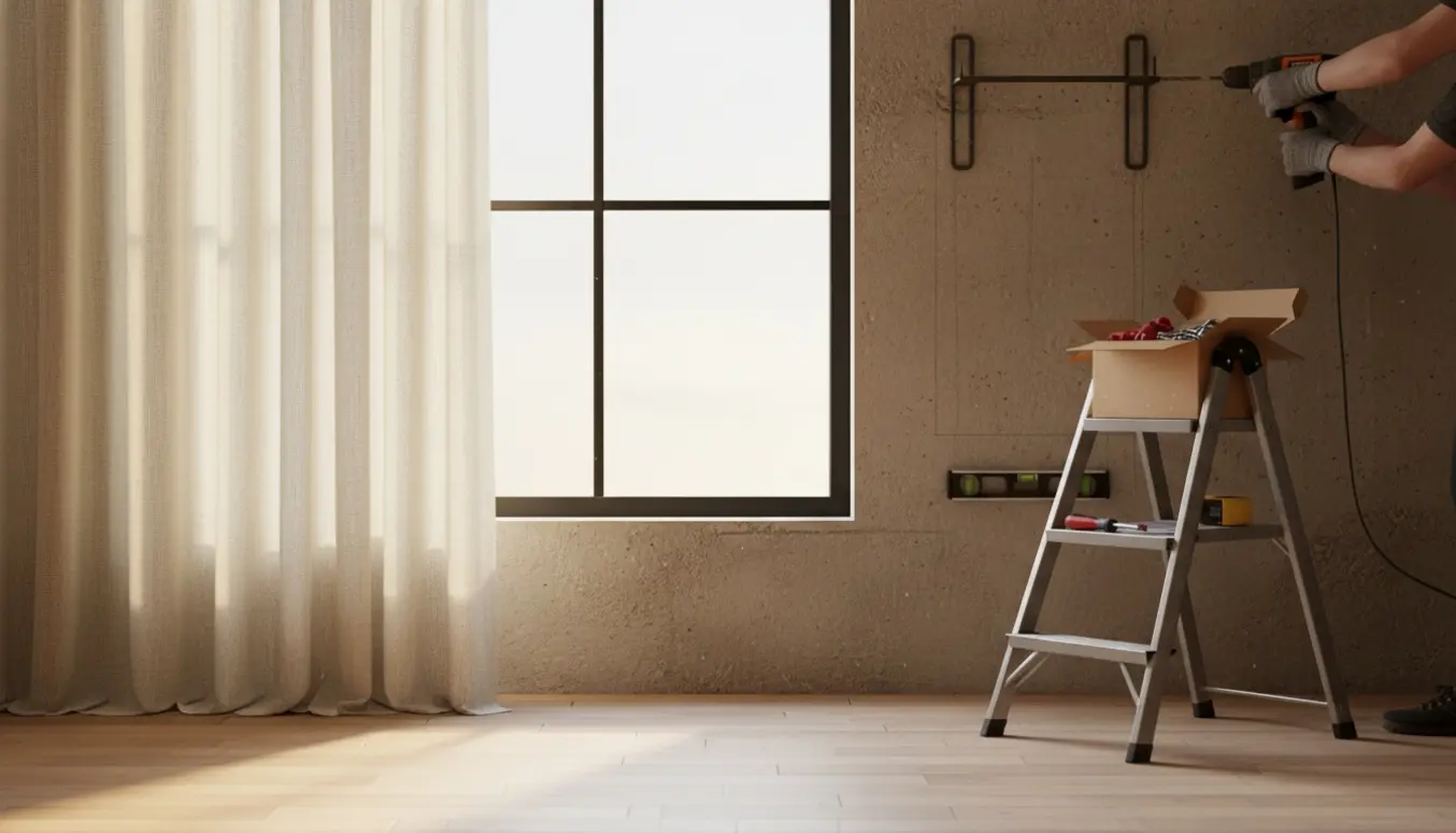 Hænder monterer en gardinstang på en betonvæg ved et vindue med stige og værktøj i eftermiddagslys.