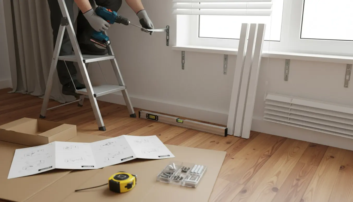Montering af gardin og tre persienner på en gipsvæg med værktøj og fladpakkede kasser.