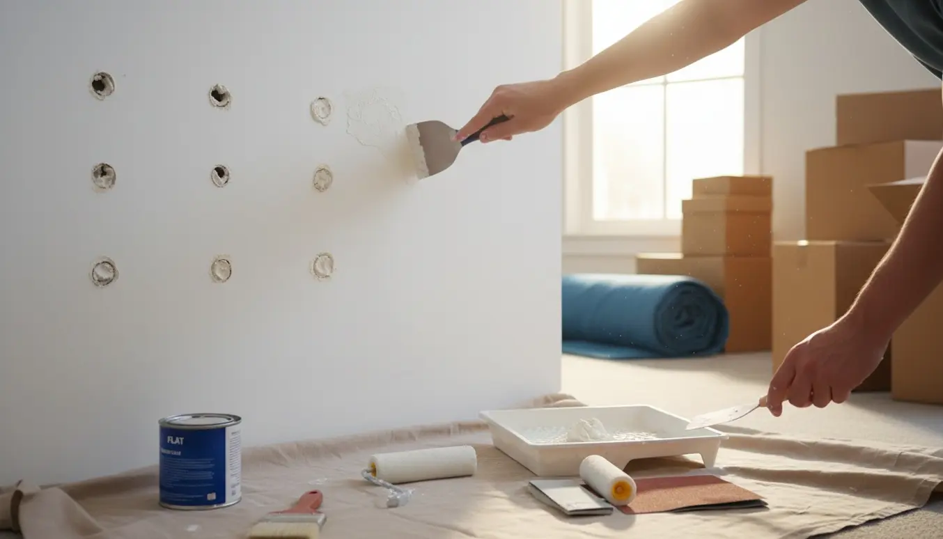 Hænder spartler og maler små huller i en hvid væg under fraflytning med flyttekasser i baggrunden.