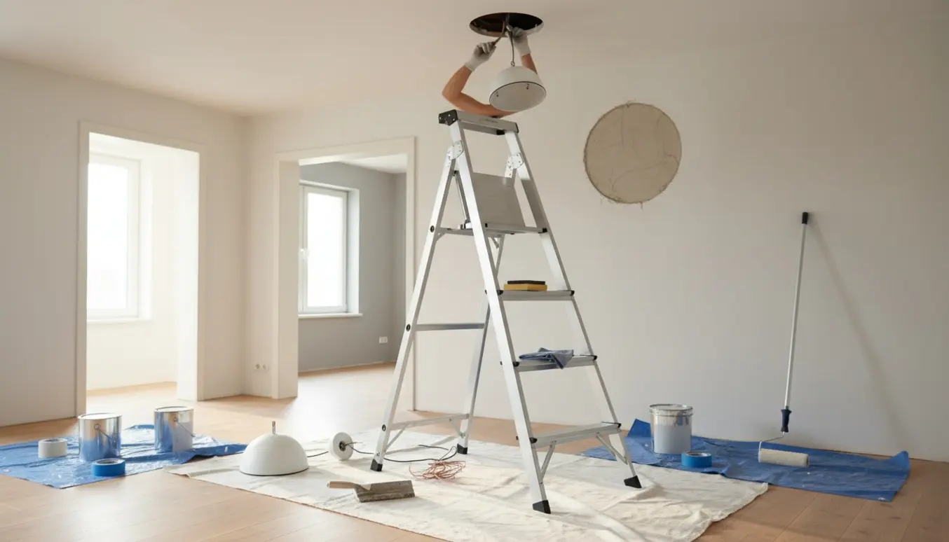 En håndværker fjerner en loftlampe og reparerer et loft med spartel, maling og en stige i et lyst rum.