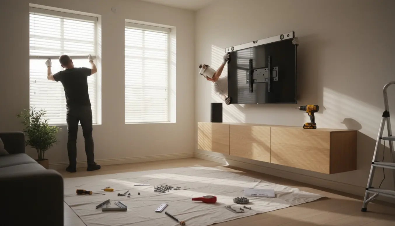 Hænder monterer en væghængt skænk, et TV og to persienner i en lys, skandinavisk stue.