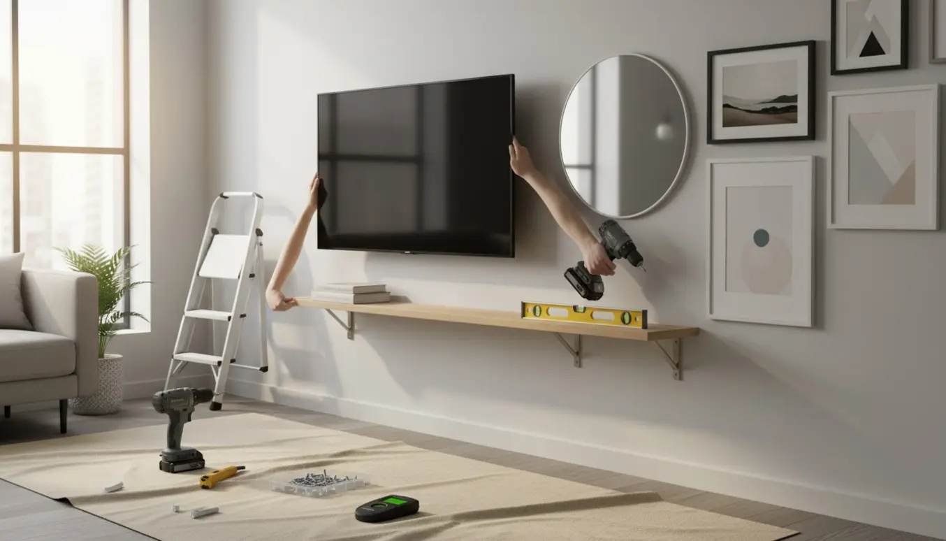 Hænder hænger hylde, TV, spejl og billeder op på en lys stuevæg med værktøj og stige i baggrunden.