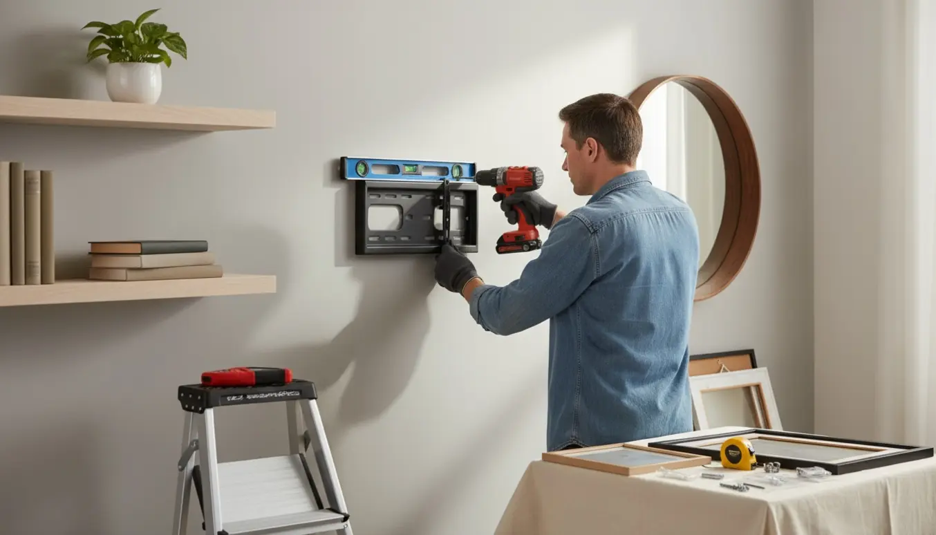 Håndværker monterer tv, reoler og spejl på en væg i en lys stue, kun hænder og ryg synlige.