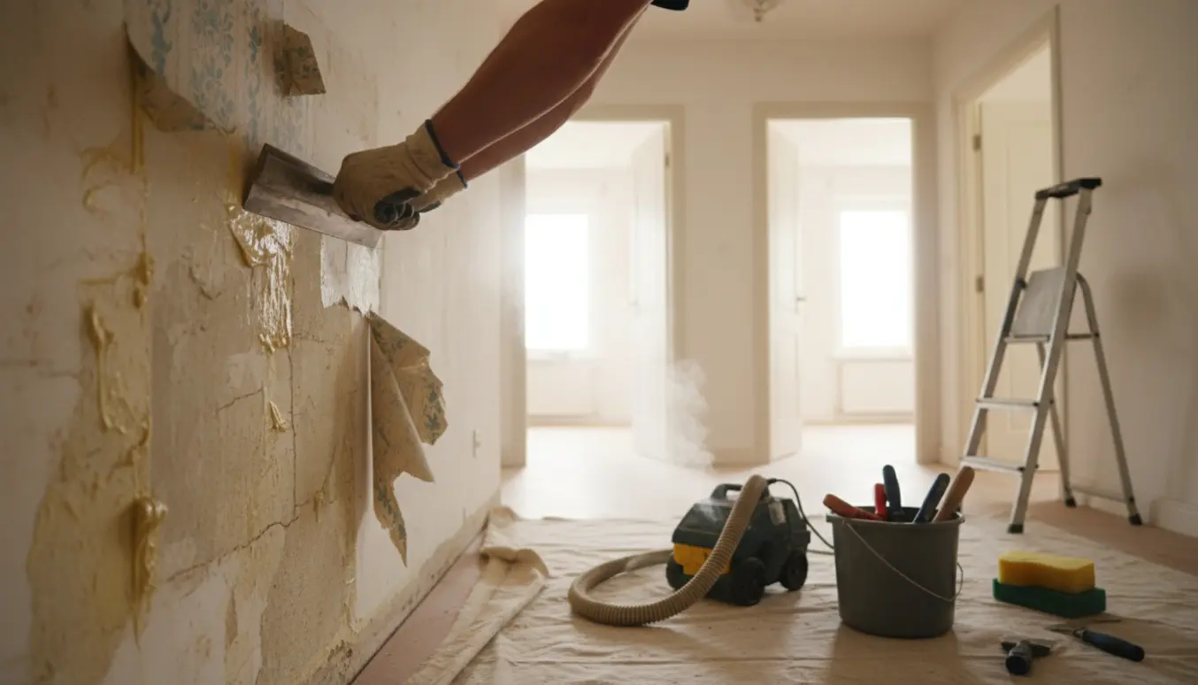 Hænder fjerner tapet i en lys gang med tapetafdamper, skrapere og afrevne tapetrester på gulvet.