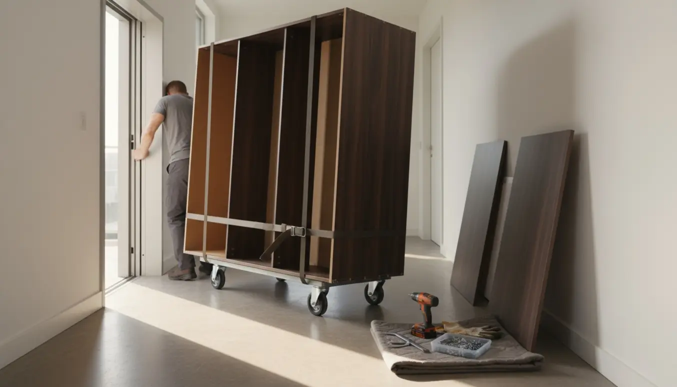 Håndværker trækker et stort, delvist adskilt skab på en møbeltruck mod en åben elevator i en lejlighed.