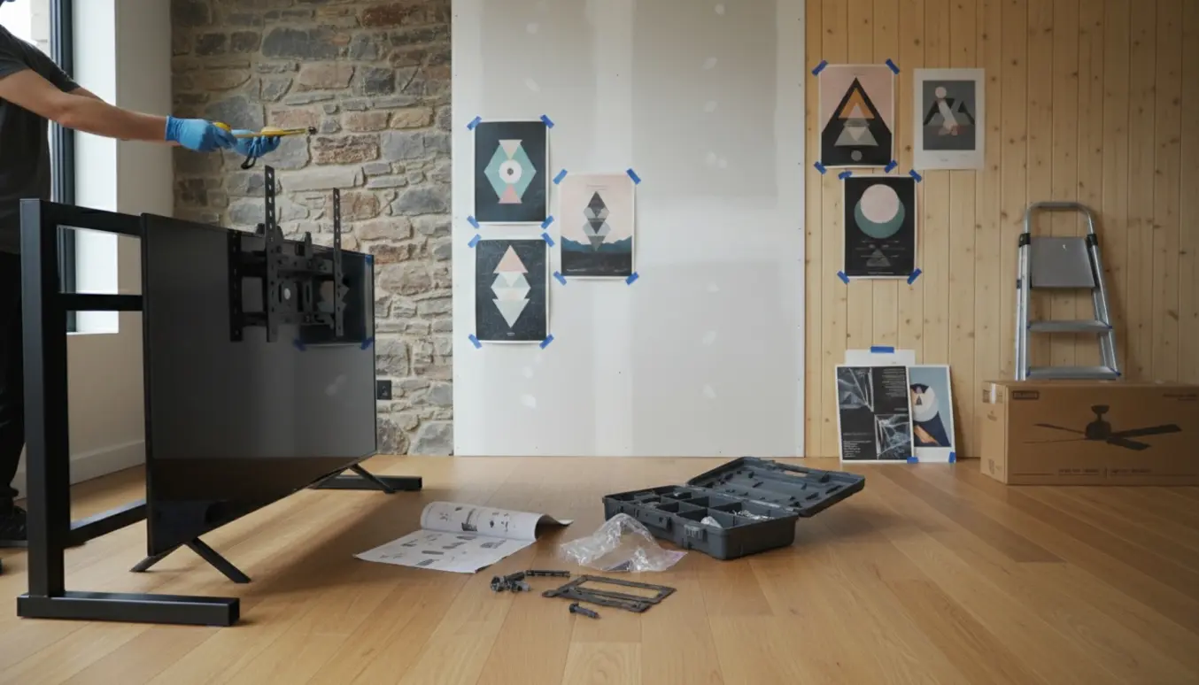Halvfærdigt montagearbejde med TV-stander, åben værktøjskasse uden skruer, plakater samt vifte og stige klar ved vægge af sten, gips og træ.
