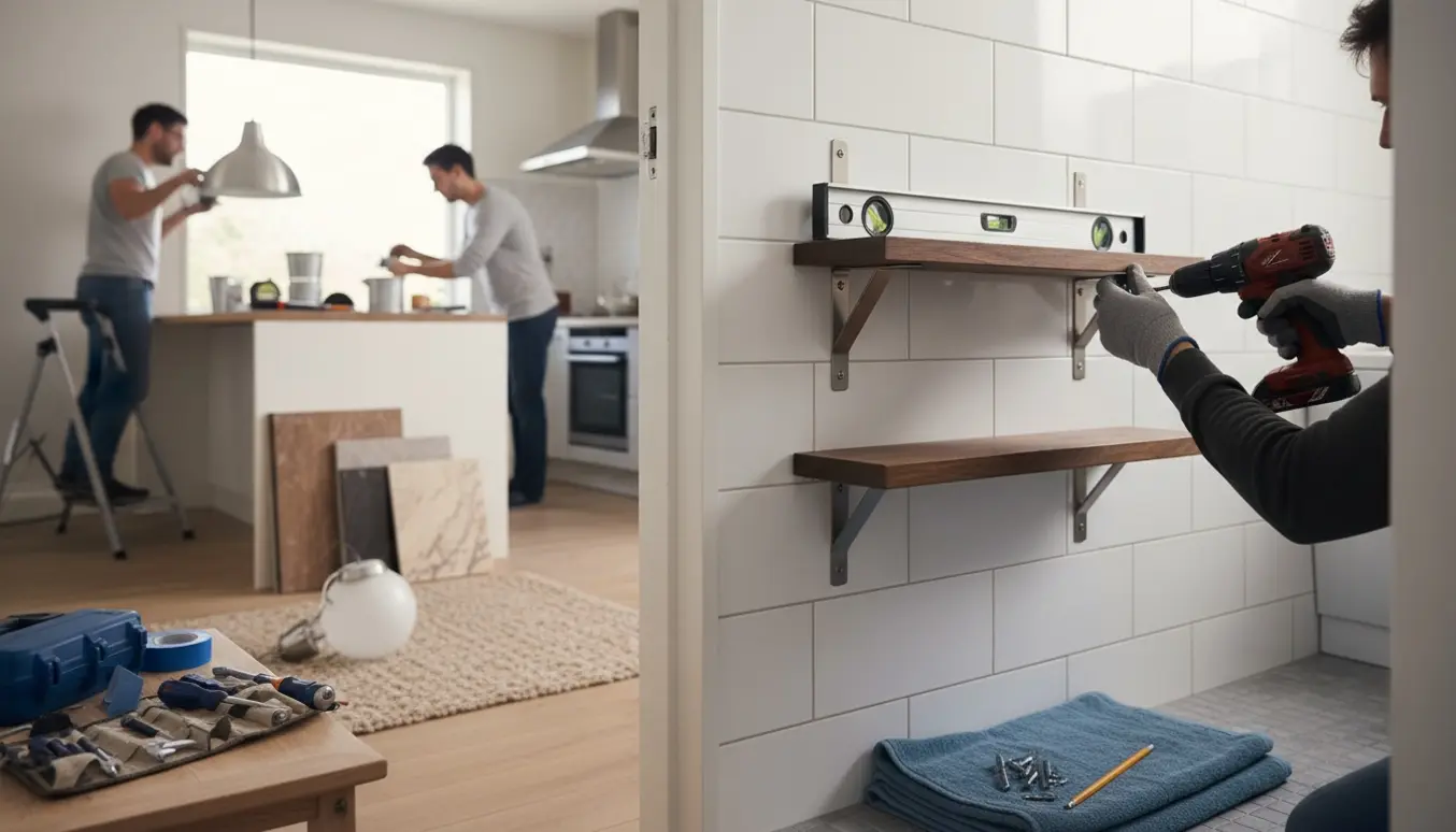 Solrigt hjemmeværksted: hænder monterer badeværelseshylder, mens en emhætte inspiceres i køkkenet.