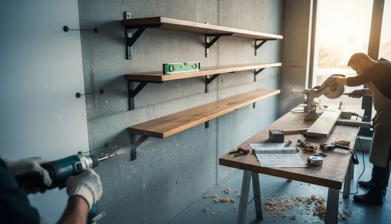 Indendørs arbejdsscene med hylder, sav, boremaskine og værktøj under opsætning på beton- og gipsvæg.