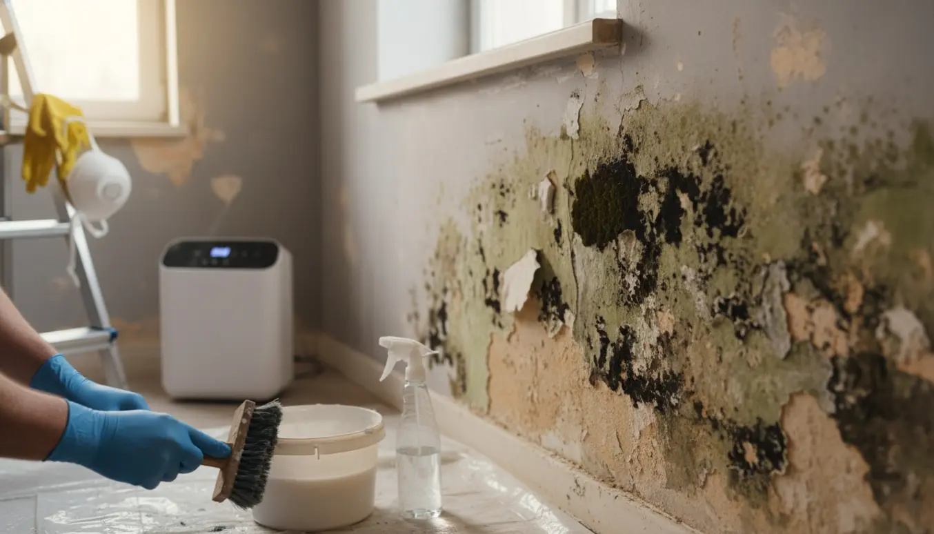 Nærbillede af pudset væg med sorte og grønne skimmelsvampe, hænder i handsker skrubber overfladen ved et vindue.