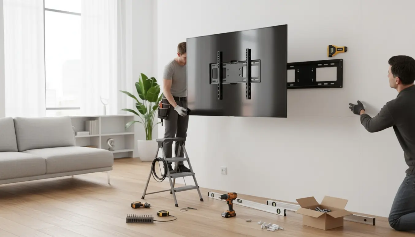 Tekniker monterer et 75-tommer TV på en væg i en lys, ryddelig stue med værktøj og vægbeslag.