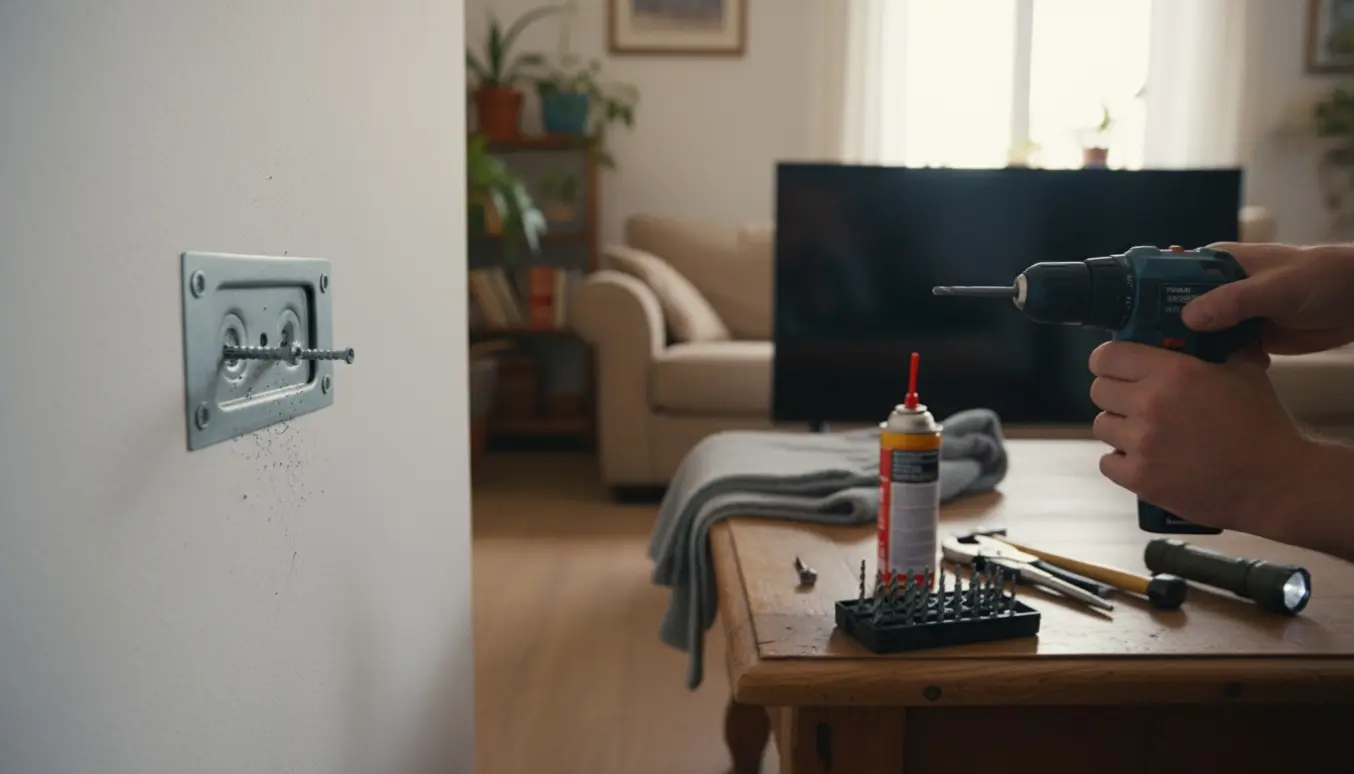 Nærbillede af et tv-beslag på væggen med to beskadigede skruer og værktøj til at fjerne dem.