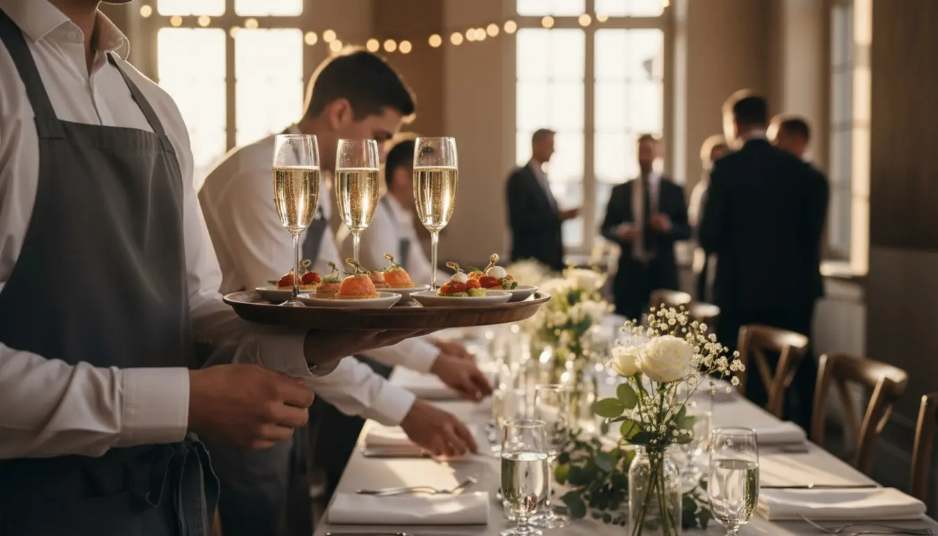 Servicemedarbejder bærer et fad med champagneglas og canapéer ved en elegant receptionsfest.