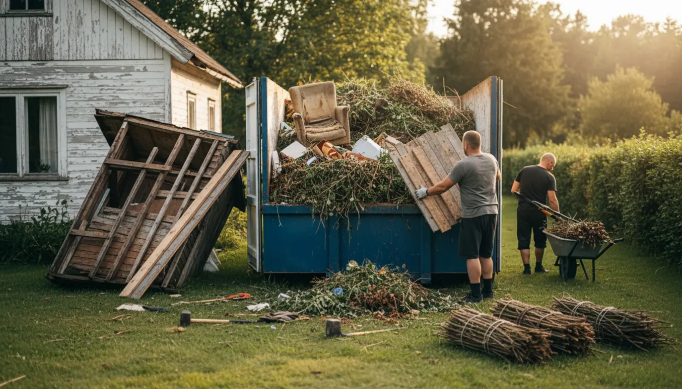 Åben container fyldes med skrald, træ og haveaffald foran et gammelt sommerhus, mens arbejdshænder løfter brædder.