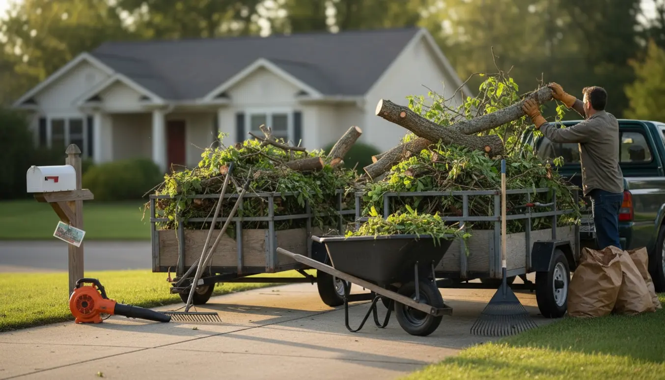 To trailere fyldt med haveaffald på en indkørsel, redskaber og handsker i brug, uden tydelige ansigter.
