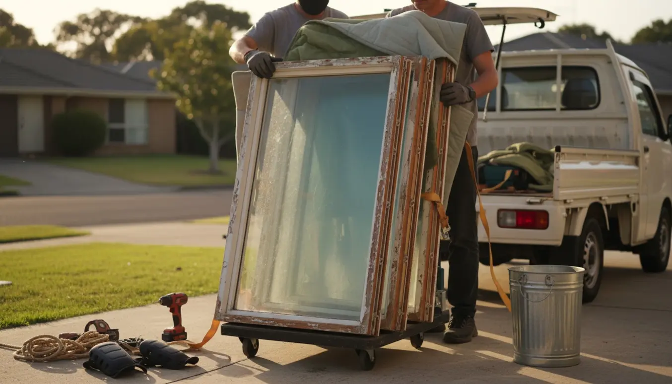 Fire 1970'er termovinduer læsset til afhentning og udsmidning i indkørslen.