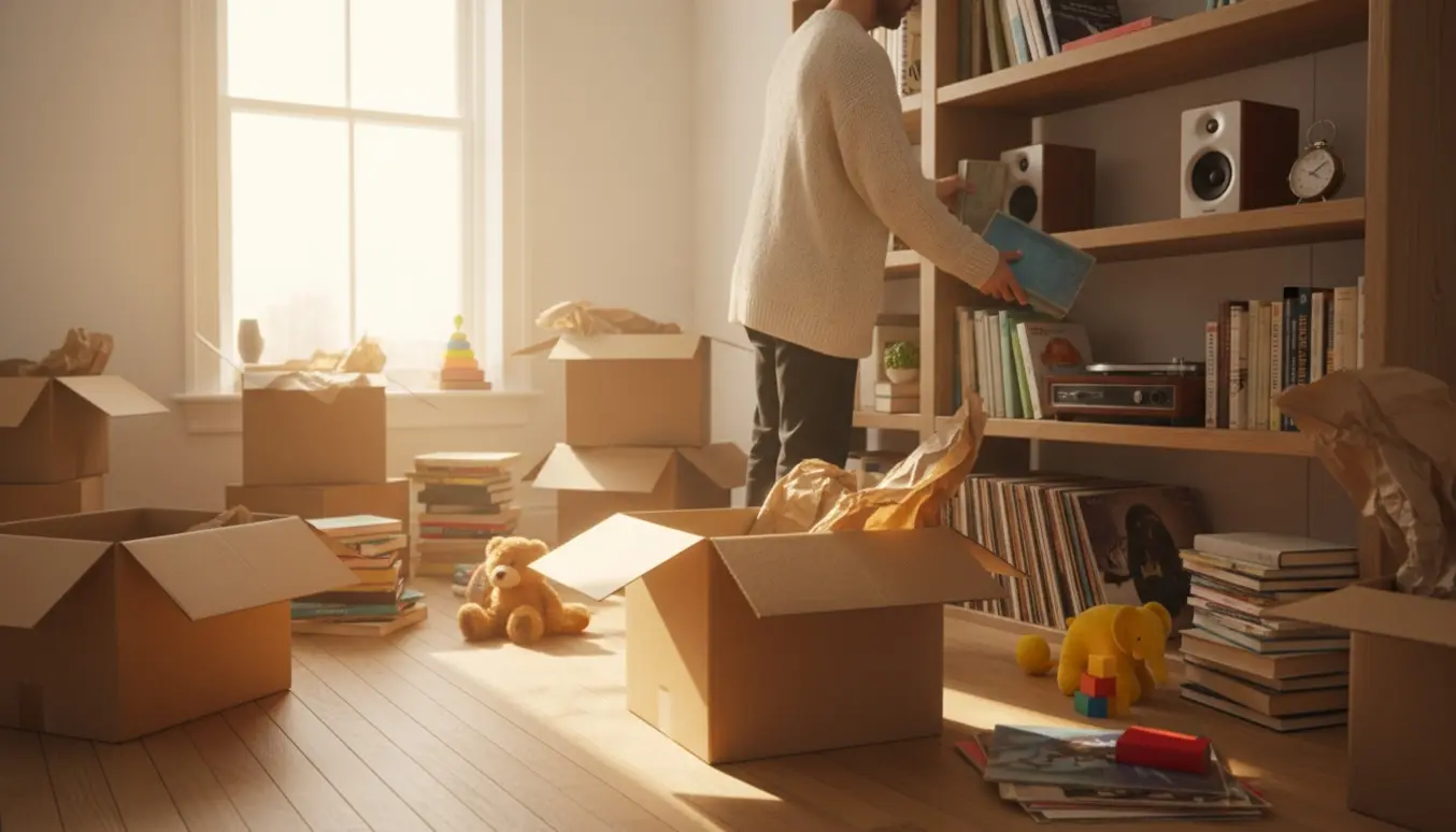 Udpakning af flyttekasser med bøger, plader, CD'er, pladespiller og børnelegetøj mens reolen fyldes.