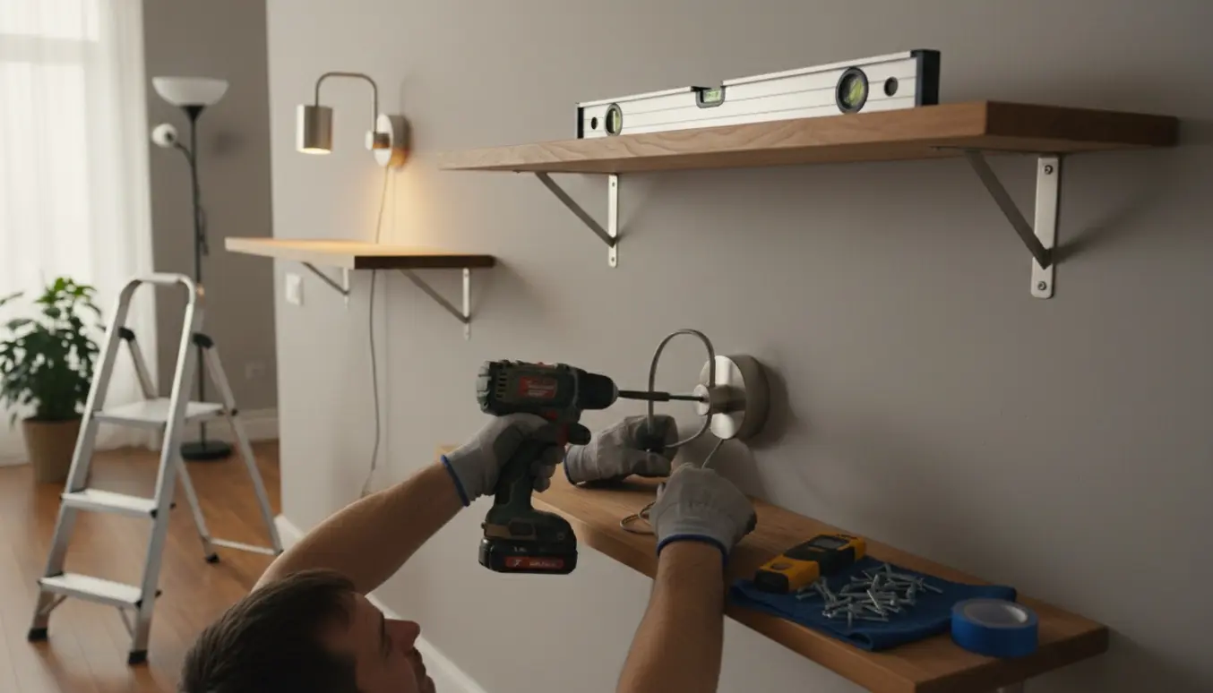 Hænder monterer to hylder og to væglamper på en neutral væg med værktøj og stige ved siden af.