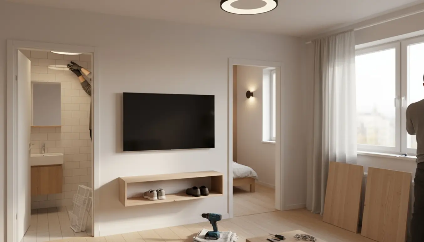 Lejlighed med små gør‑det‑selv-opgaver: loftlamper, gardin, nye skabslåger, badeværelseshylde, skohylde og ophængt TV.