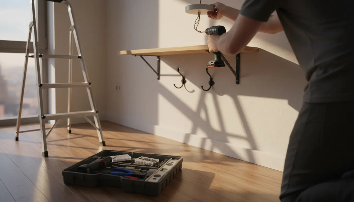 Håndværker monterer knage, lille hylde og lampe i et værelse med stige og værktøj på gulvet.