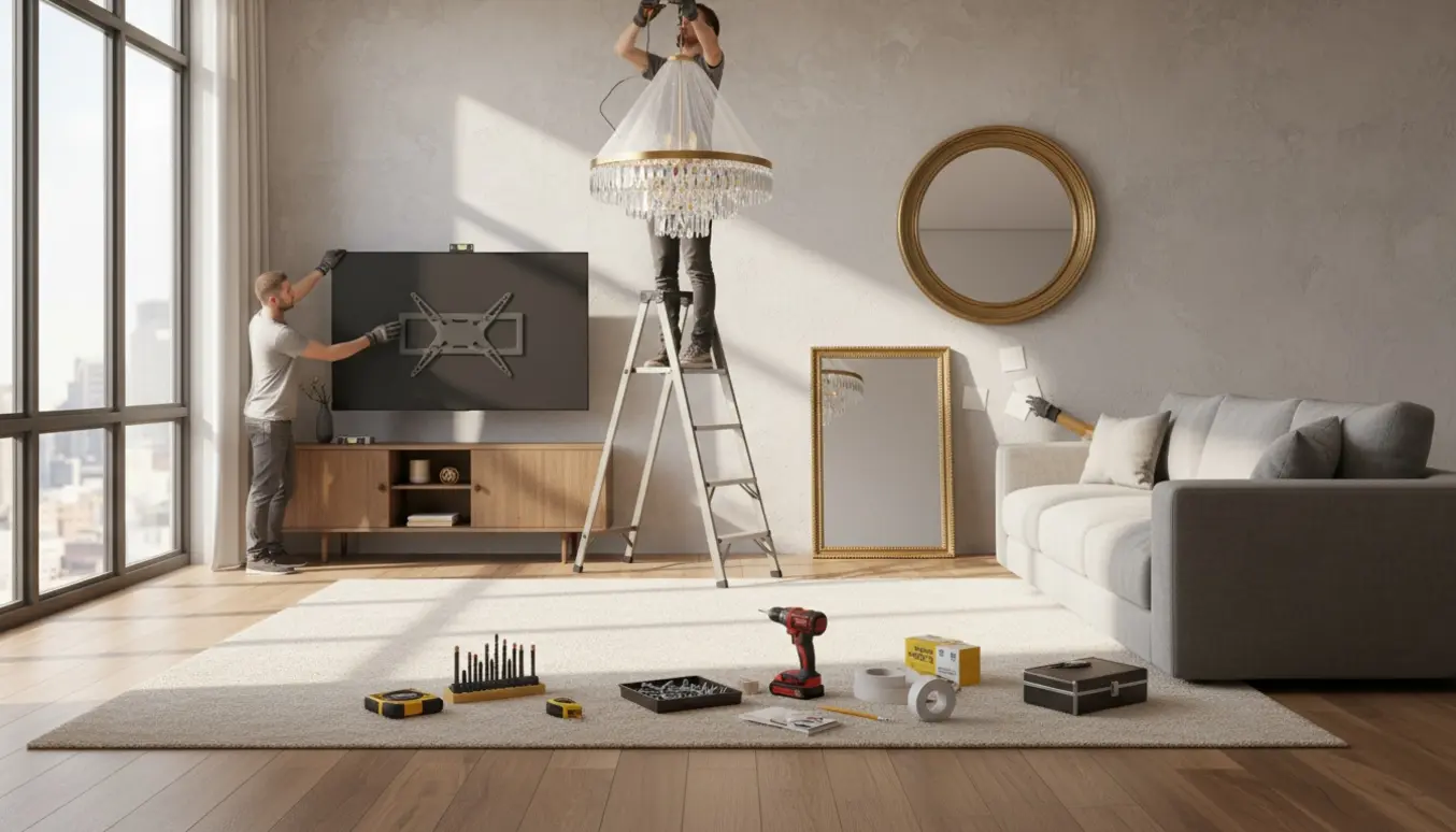 Lysekrone hænges i loftet, et hængslet TV monteres på væggen, og to spejle sættes op i en lys moderne stue.