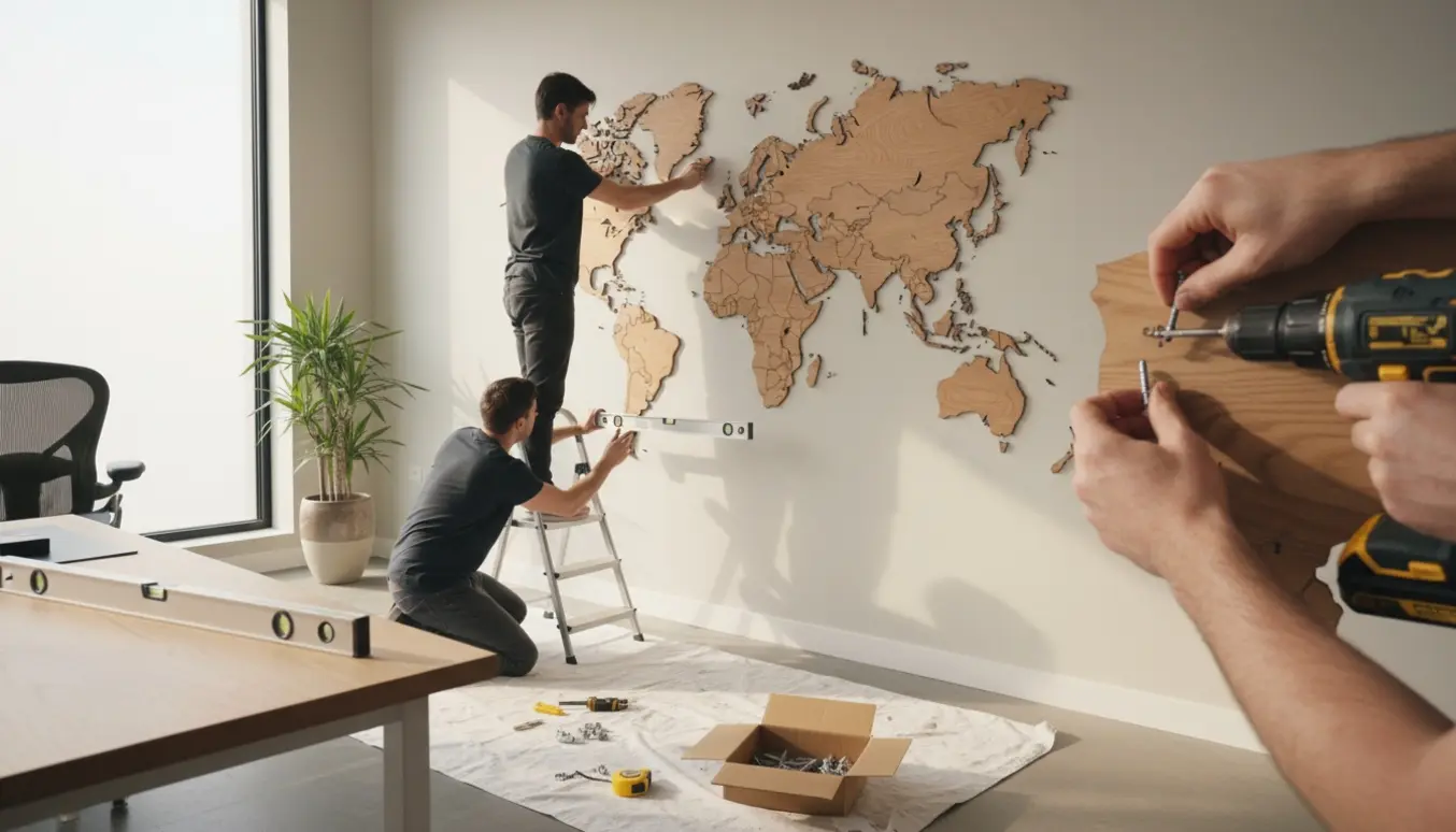 To personer monterer et stort verdenskort i træ på en kontorvæg med værktøj og naturligt lys.