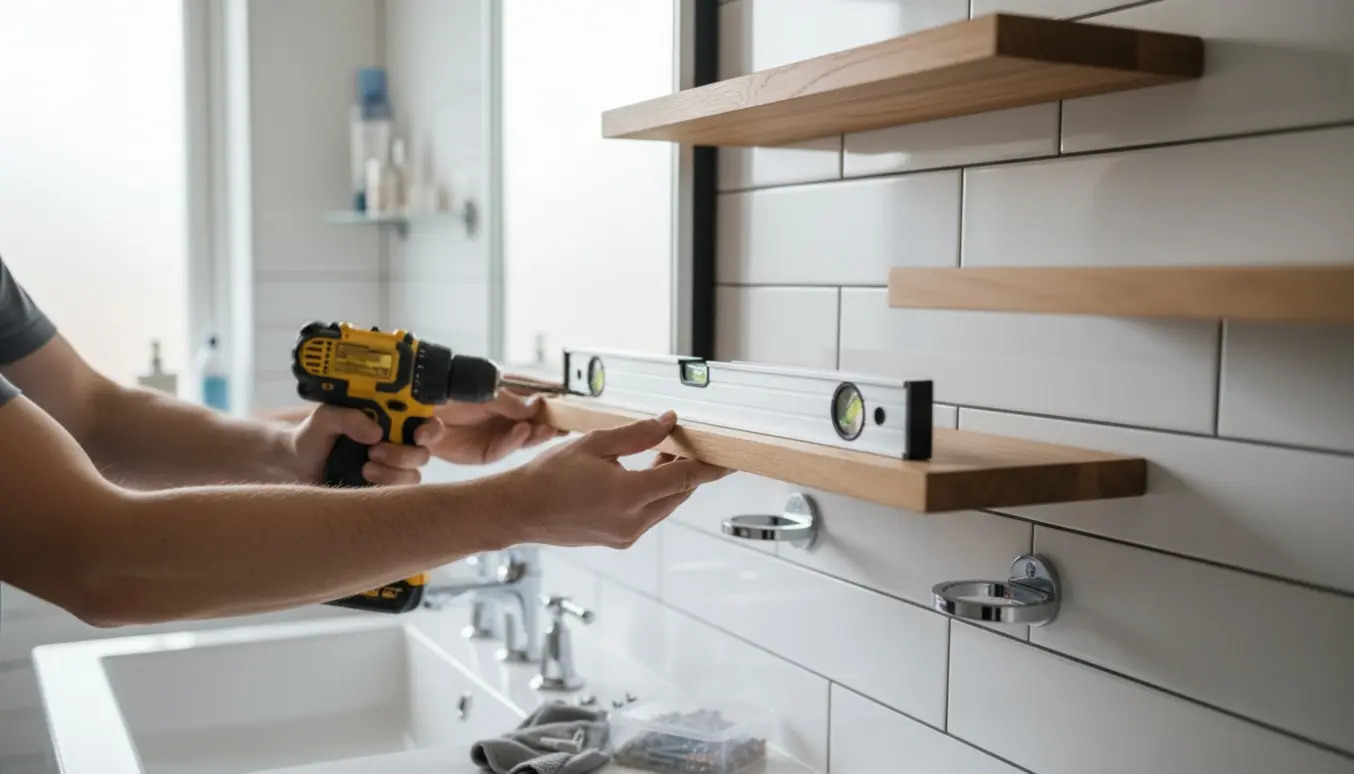 Hænder monterer tre svævehylder og en sæbeholder på en fliset badevægs.