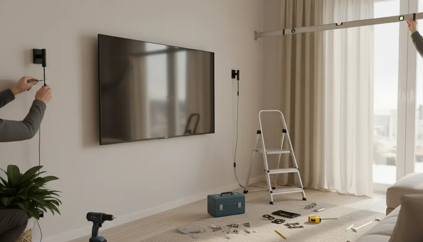 Stue under opsætning med TV på væggen, gardinstang over vinduet og en lampe ved at blive monteret, værktøj og en stige i billedet.