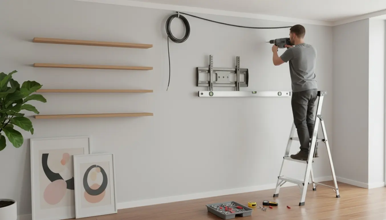 Montør på stige bruger slagbor til at montere TV-beslag og hylder, mens ledning fastgøres langs loftet.