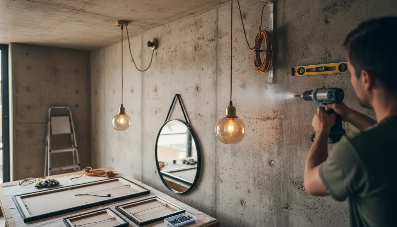 Værktøj og hænder hænger lamper, et rundt spejl og tre billedrammer på en rå betonvæg.