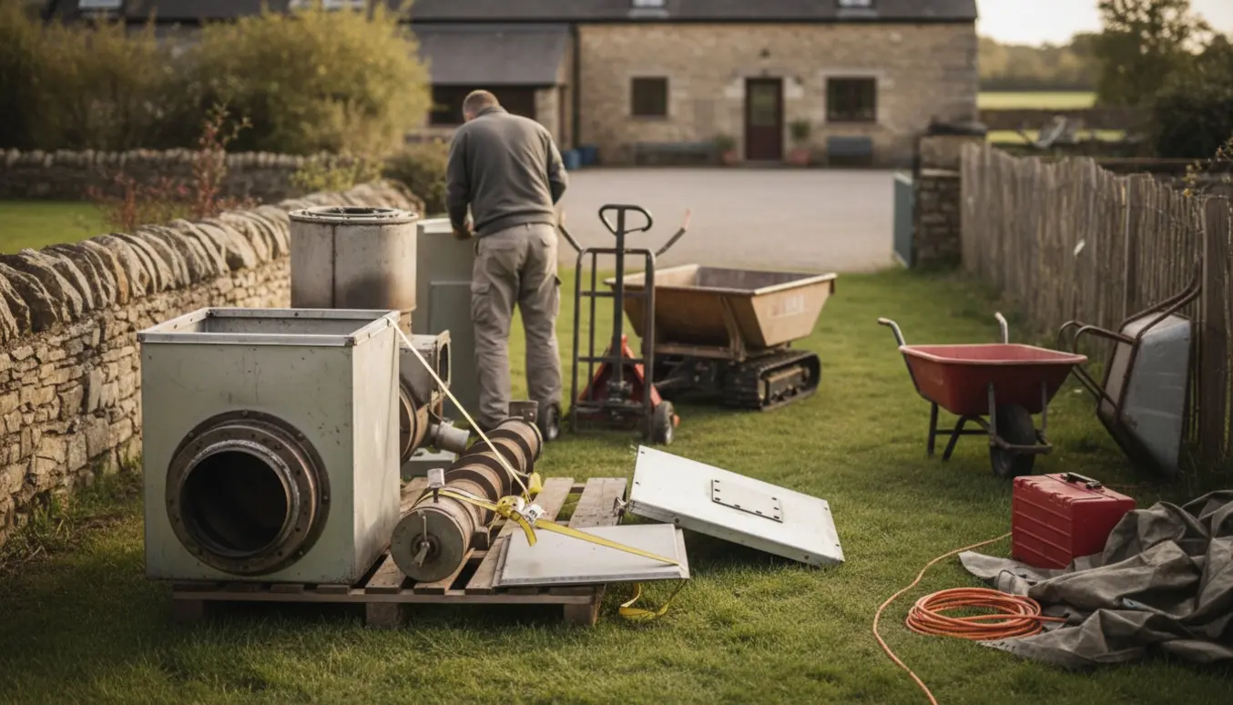 Afmonteret træpillefyr og udstyr samlet i en have, klar til afhentning med gårdspladsen synlig ca. 40 m væk.