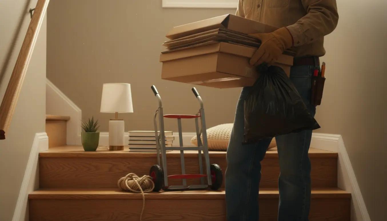 En person bærer sammenfoldet pap og en sæk affald ned ad en soloplyst trappe med værktøj og småting samlet ved siden af.