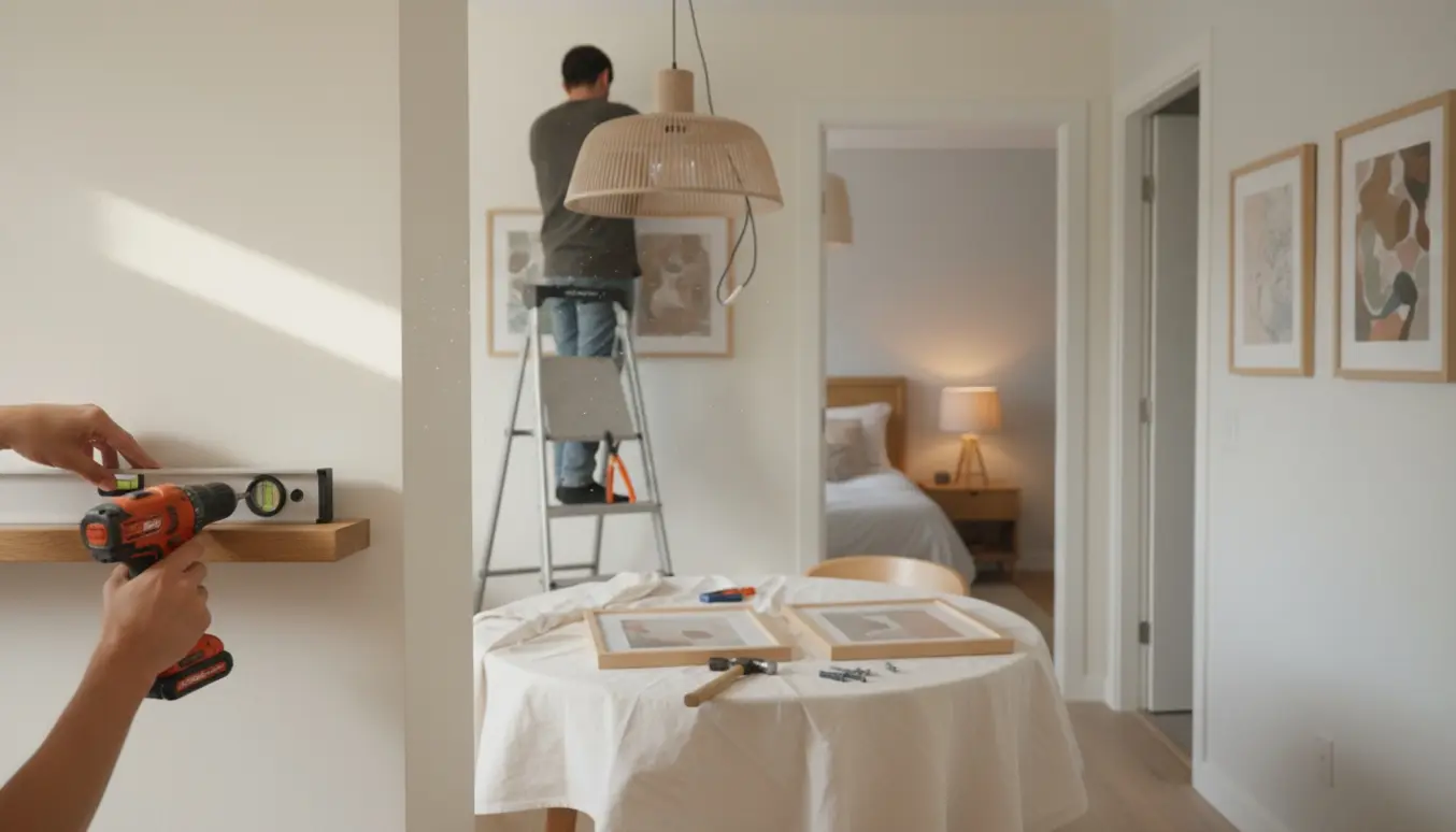 Hænder monterer en hylde og en loftslampe i et hjem, med billeder på væggen og en nyt sengebordslampe i baggrunden.