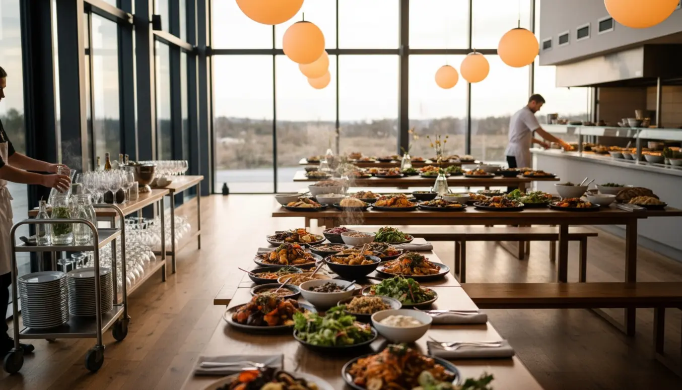 Serverings- og ryddepersonale forbereder sharing-style buffet i et lyst kulturhuslokale.