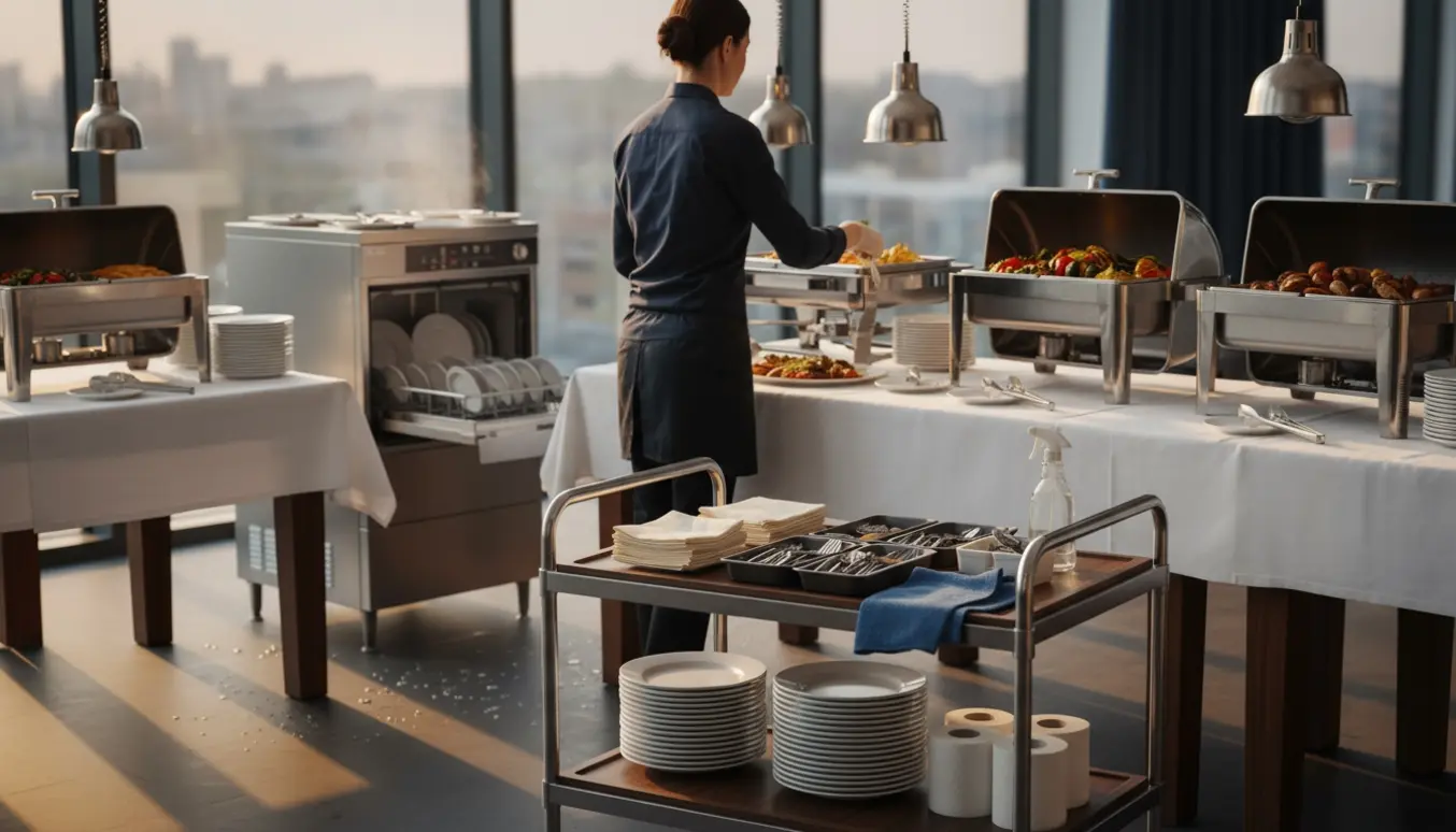 Person fylder buffet op ved reception med servicevogn, opvaskemaskine og rengøringsudstyr i baggrunden.